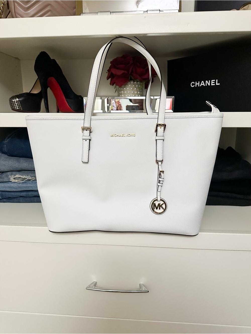 Michael Kors White Leather Tote with Gold MK Charm